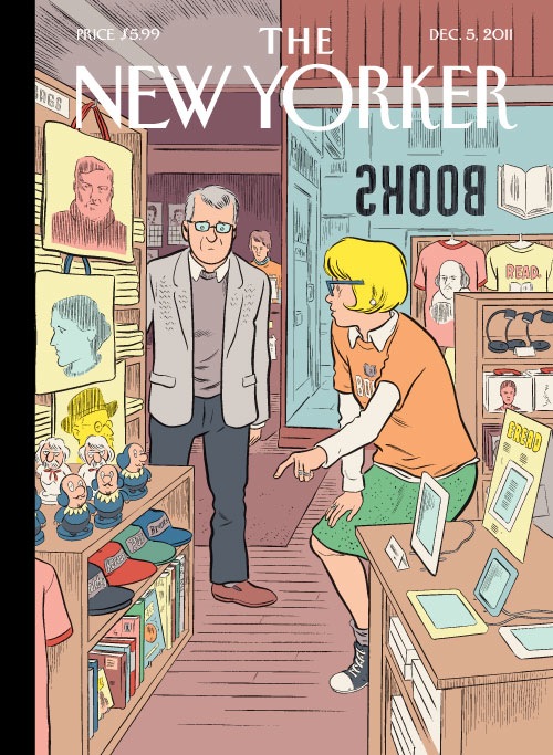 tumblr lvg37cw84O1qhal0to1 500 Daniel Clowes looks at bookstores on this weeks New Yorker cover  