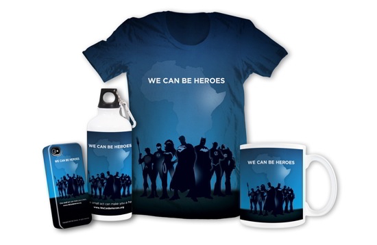 Merchandise shot DC, WB team for WE CAN BE HEROES campaign to fight famine in Africa