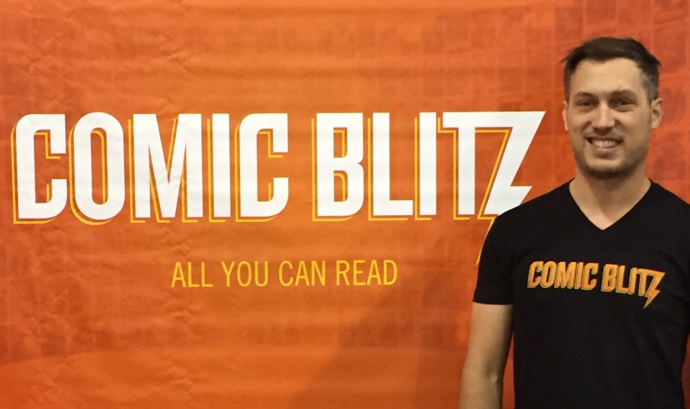 Comic Blitz Founder Jordan Plosky on the floor of HeroesCon 2015