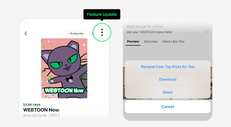 image showcasing the opt-out feature on the IOS Webtoon app which allows you to not see a series you don't wish to see.