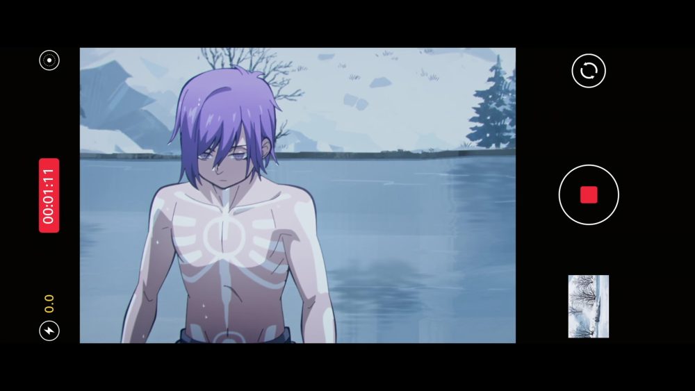 young dragon boy, a child with messy purple hair and white markings on his chest, stands in front of a cold river. snow and pine trees can be seen in the background.