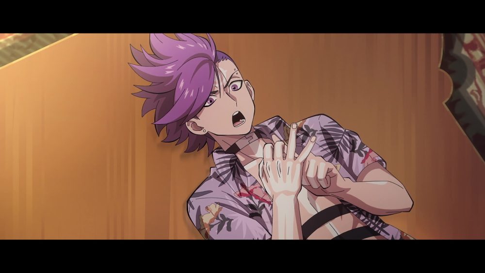dragon boy, a man with purple hair and a hawaiian shirt, counts his fingers while lying on a table.