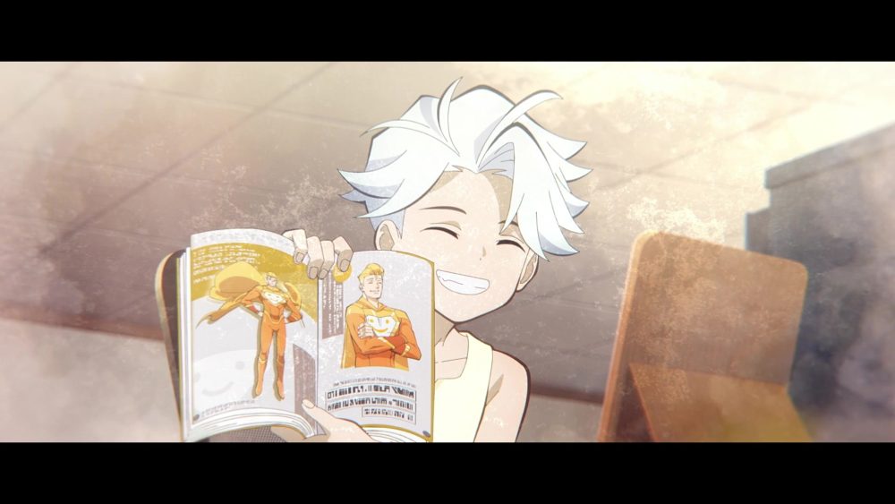 to be hero x dragon boy arc. child nice, a young white-haired boy, holds a book depictng smile, a hero wearing an orange bodysuit and cape.