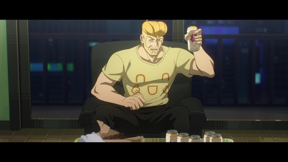 to be hero x dragon boy arc. smile, a bearded blonde-haired superhero wearing a smiley icon shirt and casual clothing, holds a sandwich in his right hand in between beers.