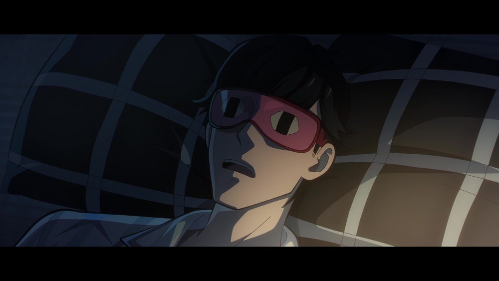X's civilian identity sleeps in bed. he is wearing a sleep mask marked with cartoon eyes.
