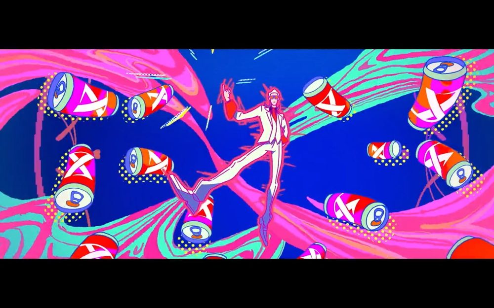 x, a mysterious man wearing a white suit, dances in a swirling mix of green and pink smoke and X cola cans.