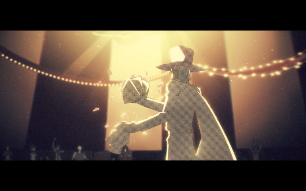 A magician in a white suit, top hat and cape reveals a bouquet of flowers to a cheering audience under a circus tent.