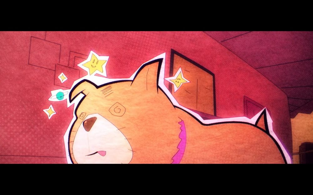 ahu, a brown dog in the form of a paper cut-out, has stars circling his head and swirly eyes. his tongue is also sticking out.