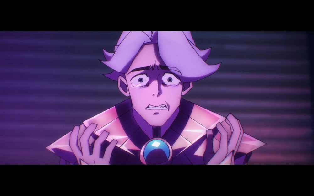 nice, a handsome white-haired man, has tears in his eyes and a terrified expression.