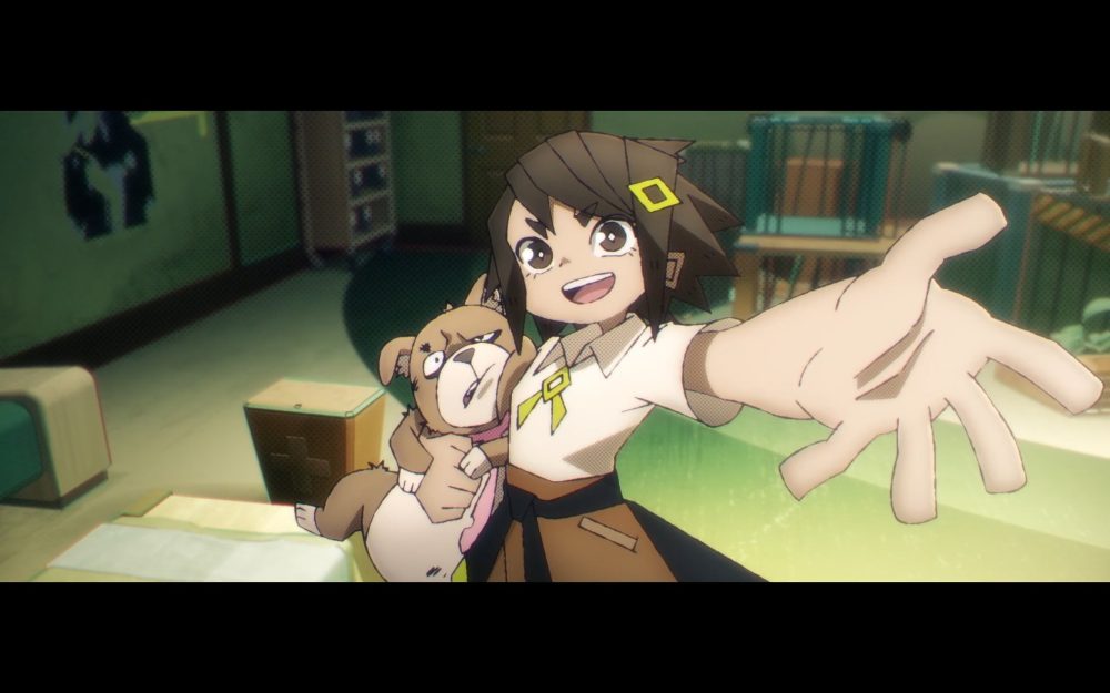 ahu is held in the arms of a young girl with a yellow hairpin. she holds her right arm out to the viewer. a worn-looking room can be seen behind her.