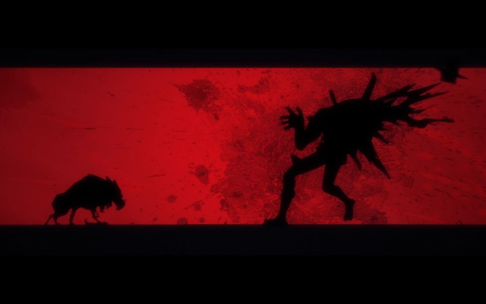 Against a stark red background, the silhouette of a man is decapitated and bursts into blood. a demonic dog can be seen on the left-hand side.
