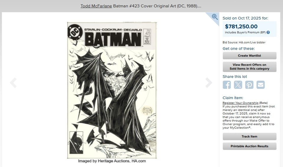 Todd McFarlane's Batman # 423 cover art sells for $781,250