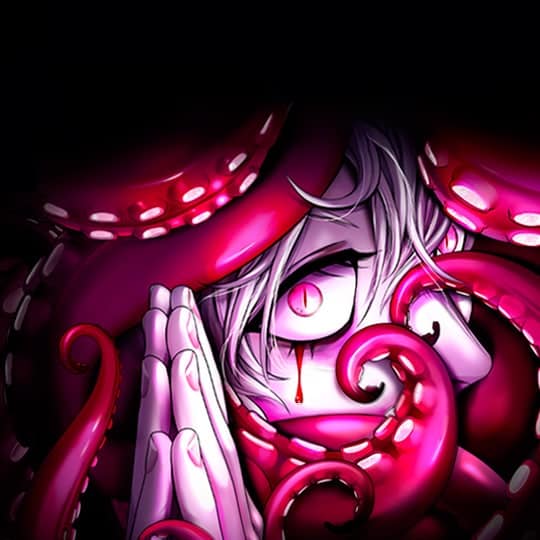 don't enter the house pool image. the face of a boy with white hair and red eyes is shrouded by red tentacles. the boy's hands are together in prayer; a single red tear descends from his eye.