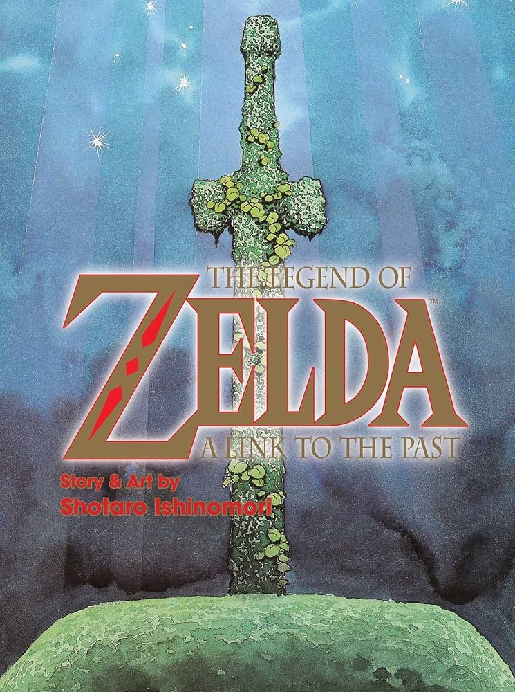 legend of zelda a link to the past cover. a sword overgrown with green sticks out of a green stone.