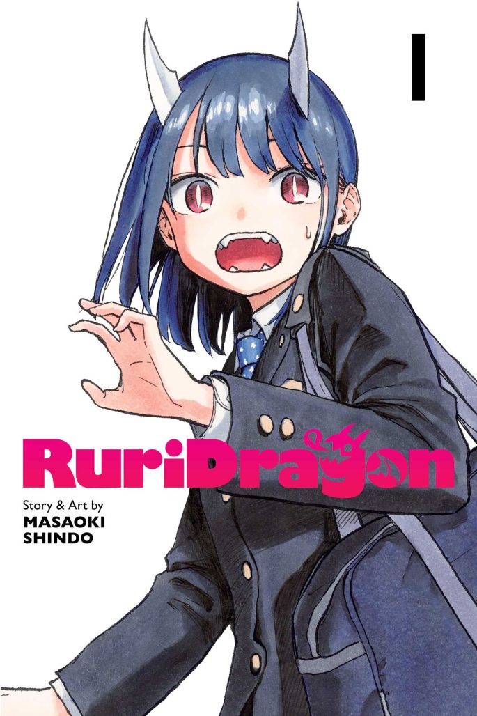 ruri dragon cover. a girl with horns, fangs and vertical irises looks at the reader in surprise.