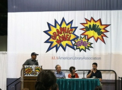 2012 ALA Eisner Prize Event Josh Elder speaks L- R John Shableski, Carl Gropper, Nancy Gropper, Josh Elder.jpeg