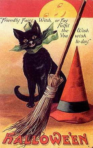 Vintage halloween black cat broom withes hat full moon card