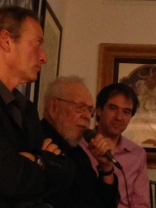 Al Jaffee holds forth with Drew Friedman in foreground and Sean Howe in background
