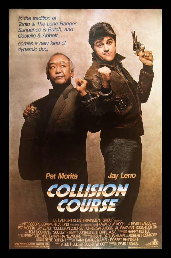 COLLISION COURSE, from left: U.S. poster, Pat Morita, Jay Leno, 1989, © De Laurentiis Entertainment