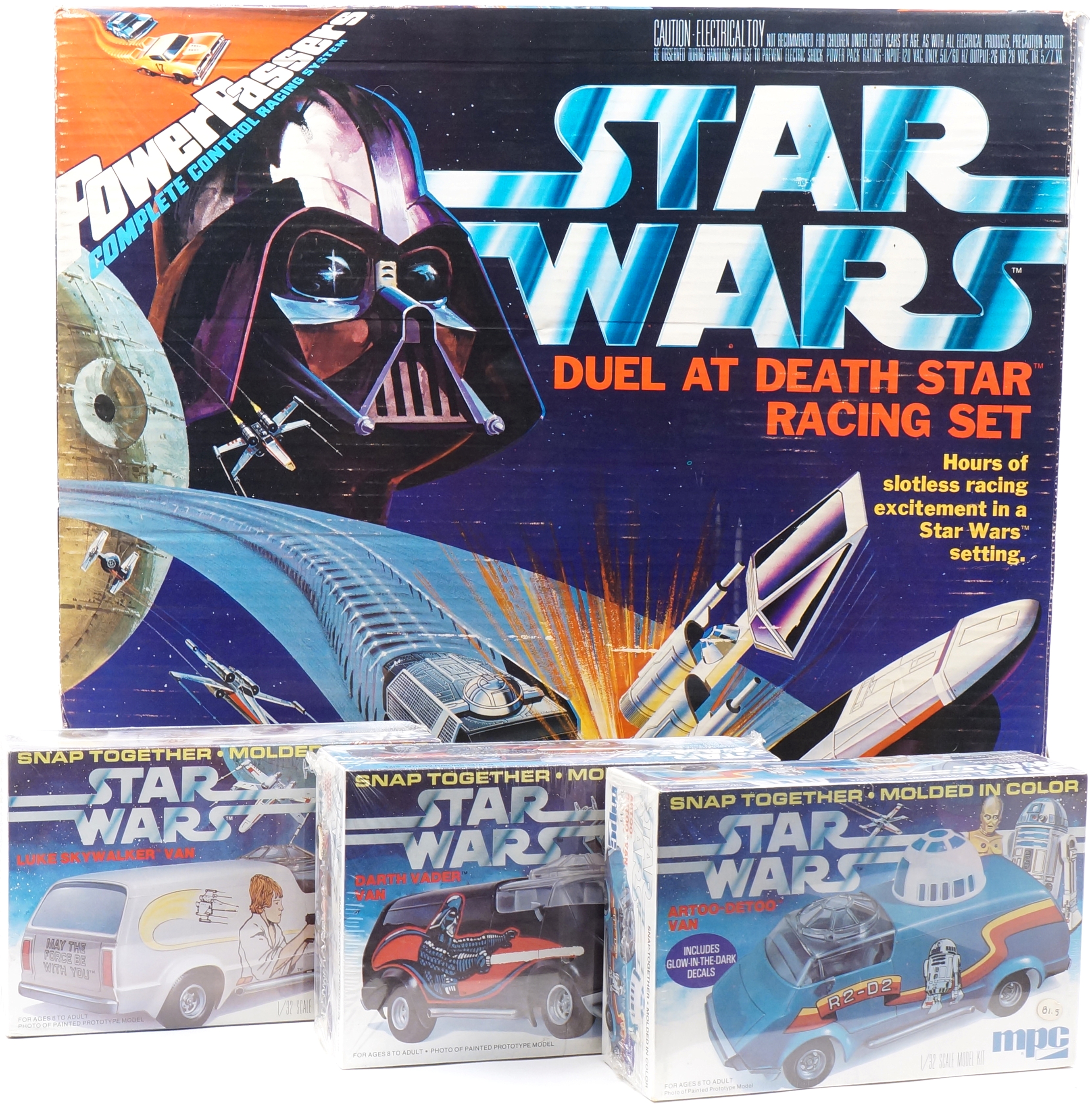 6 Star Wars Duel at Death Star Racing Set from Lionel (1978) and Star Wars Artoo-Detoo, Luke Skywalker and Darth Vader Snap-Together Van Kits from MPC (1978)