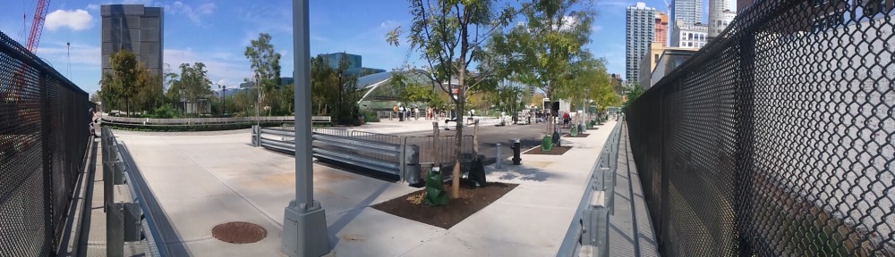 A panoramic from the southeast corner of the subway station park. The railyard and construction platform is directly behind me.
