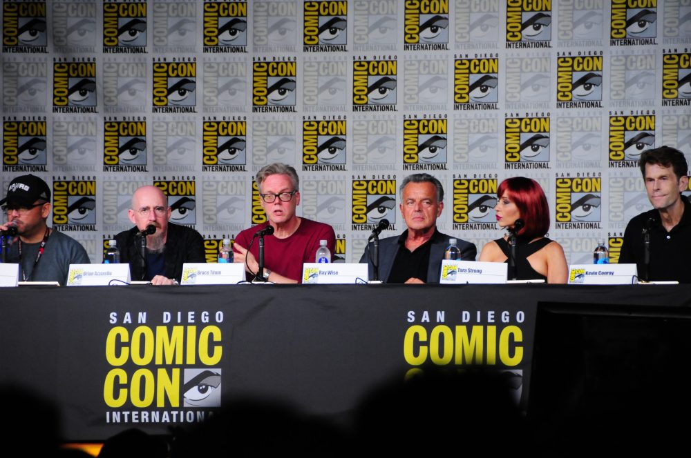Left to Right: Sam Liu, Brian Azzarello, Bruce Timm, Ray Wise, Tara Strong, and Kevin Conroy