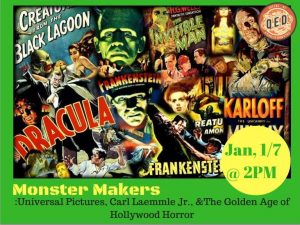 Poster for the upcoming "Monster Makers" lecture at QED Astoria