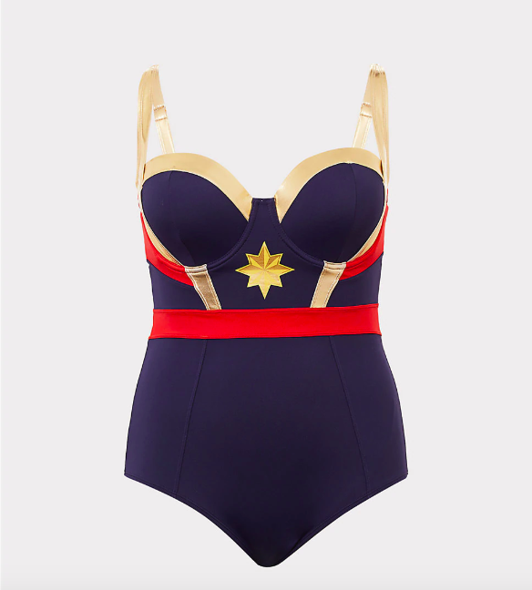 Captain Marvel one-piece swimsuit by Her Universe, available at Torrid