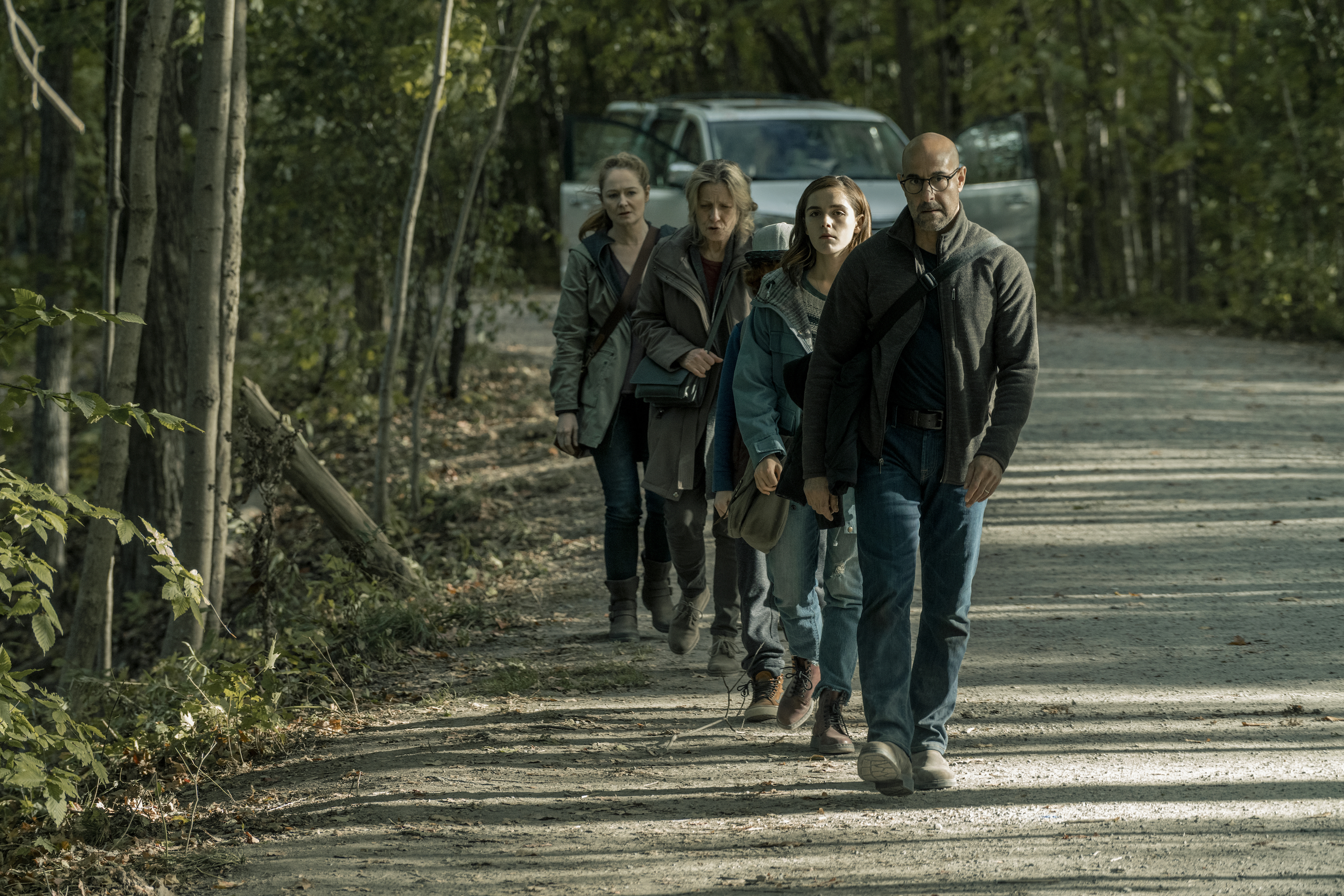 Photo of Stanley Tucci, Kiernan Shipka, Kyle Brietkopf, Kate Trotter and Miranda Otto in 'The Silence'