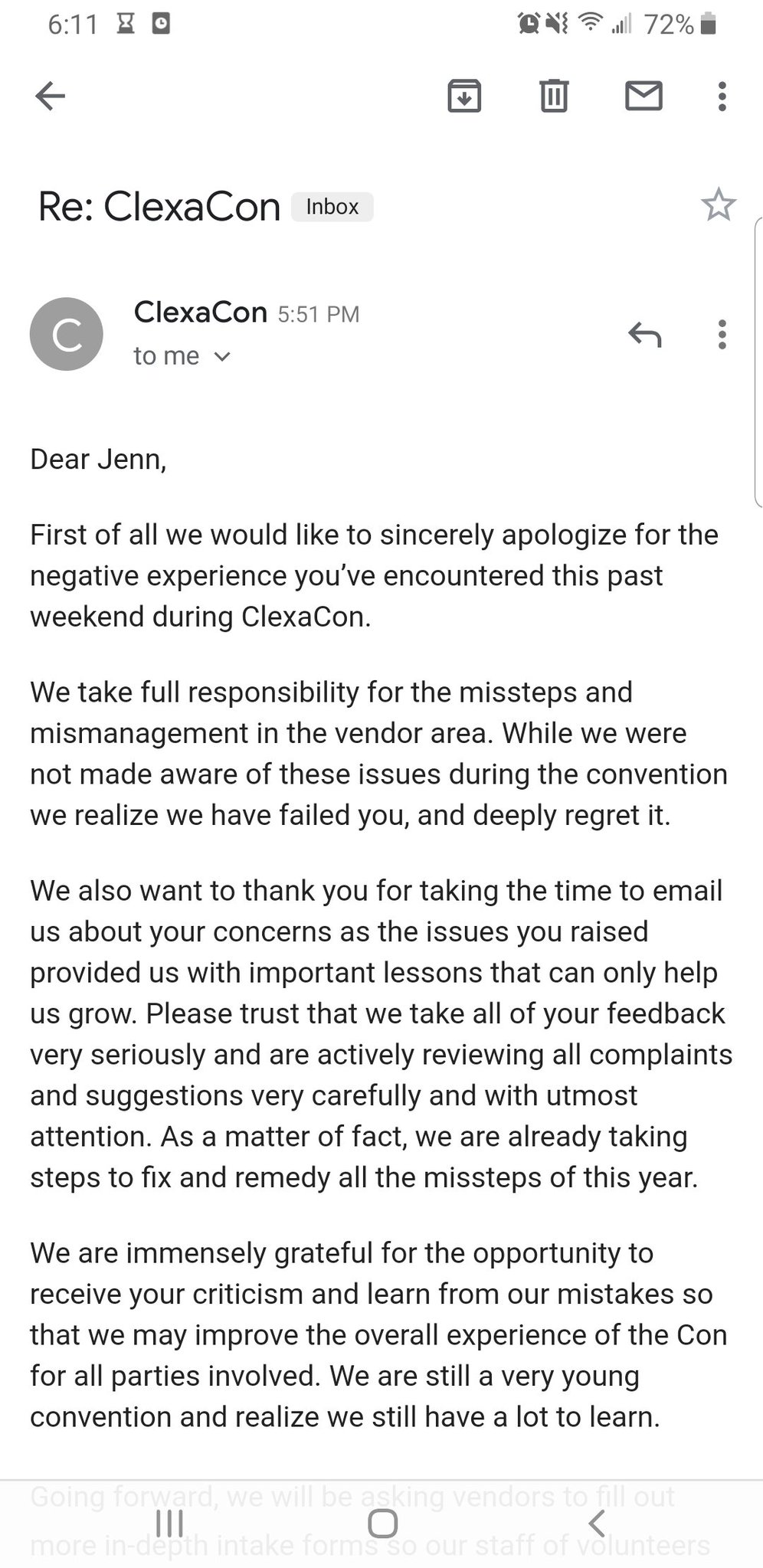 Email from ClexaCon organizers to Jenn Arledge