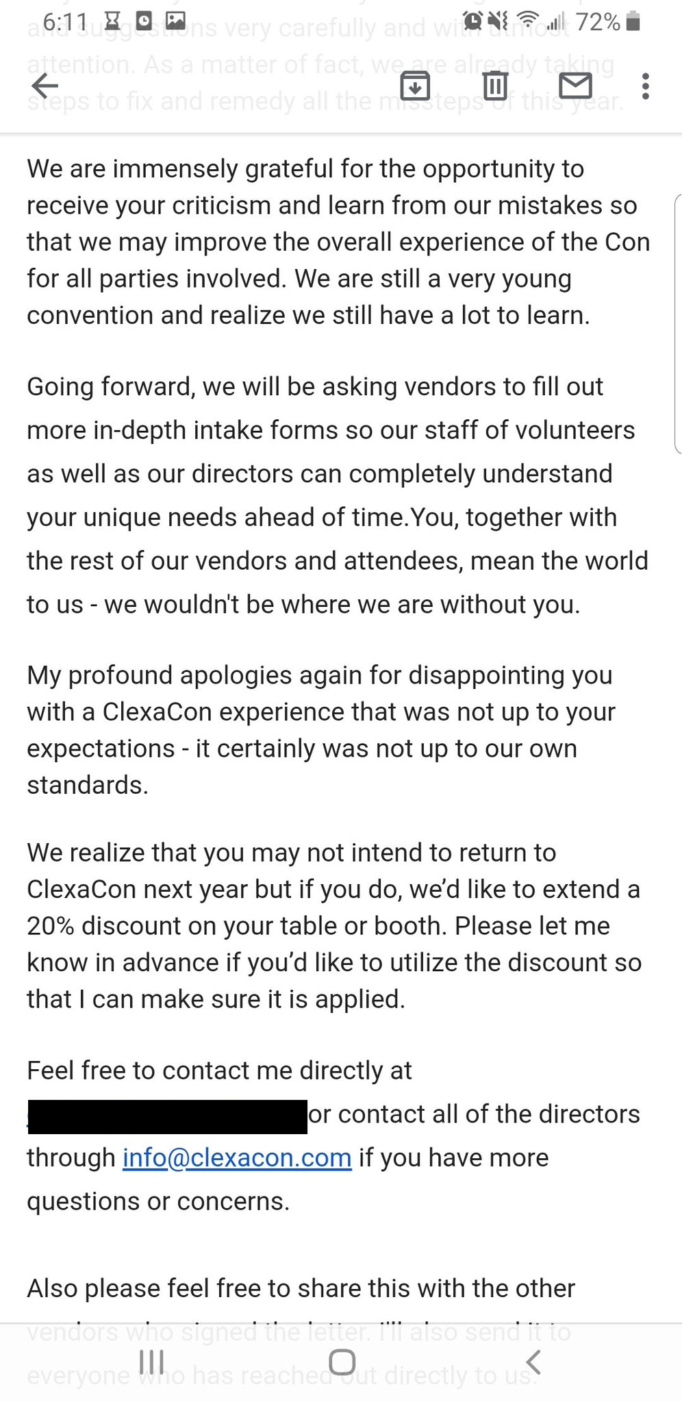 Email from ClexaCon organizers to Jenn Arledge