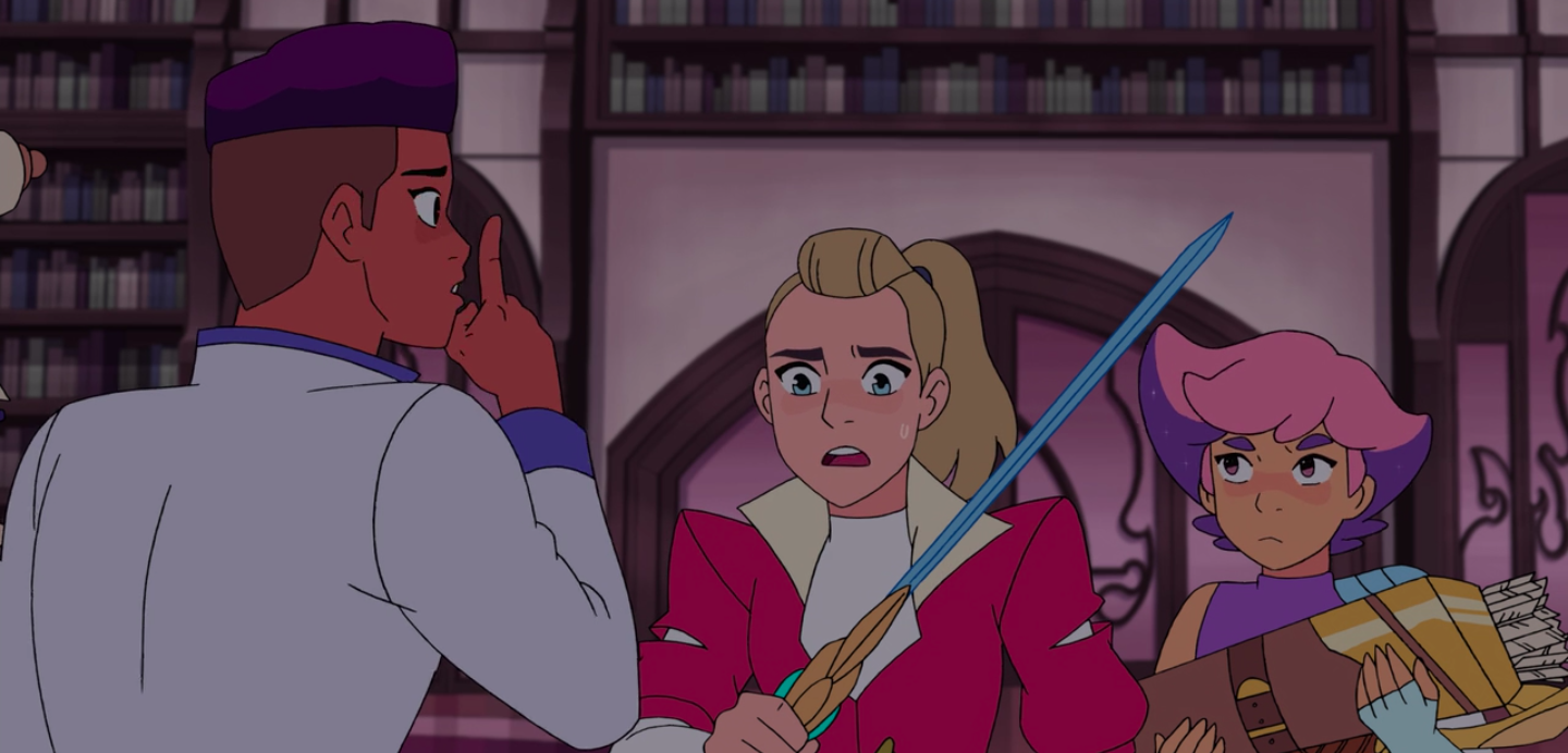 Bow, Adora and Glimmer in the library