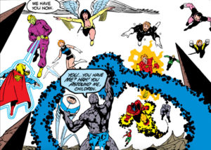 Supergirl, Brainiac 5, Light Lass, Dawnstar, Starboy, Cosmic Boy, Lightning Lad, Element Lad, Sun Boy, Blok, Wildfire, Ultra Boy, and Bouncing Boy facing off against their foe in the Great Darkness Saga