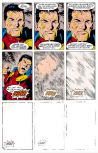 9 panel grid close up of Mon-El as he punches, with the last five panels fading until they are pure white