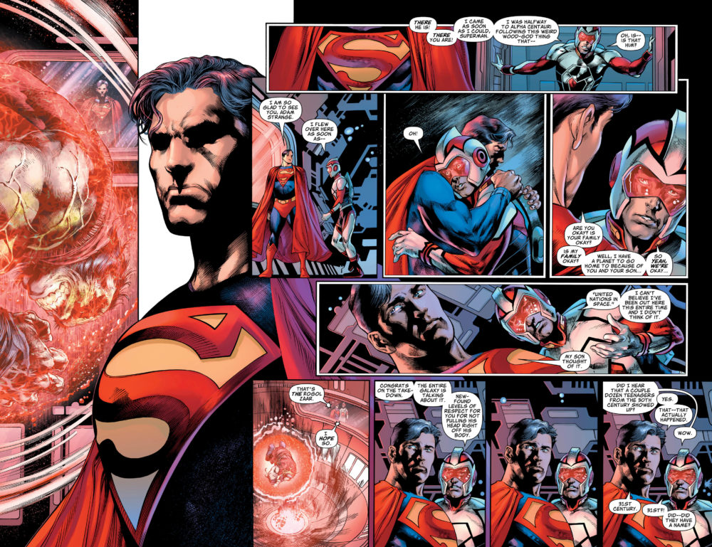 Superman and Adam Strange discussing Rogol Zaar