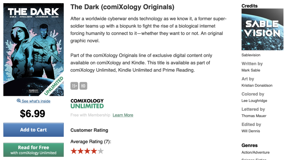 the dark comixology store page