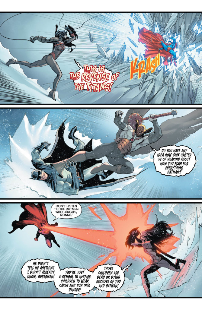 Superman fighting Deathbringer and Batman fighting Skytyrant