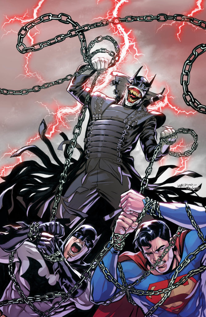 The Batman Who Laughs over a fallen Batman and Superman as he recruits his Secret Six