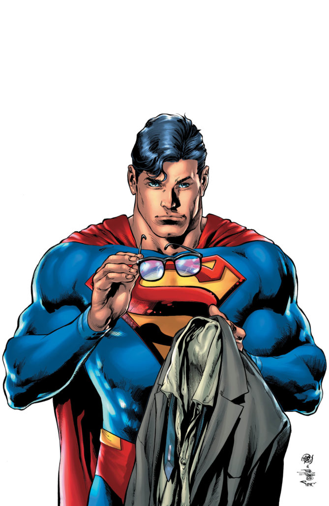 Superman #18 Cover- Superman holding Clark Kent's clothes and glasses