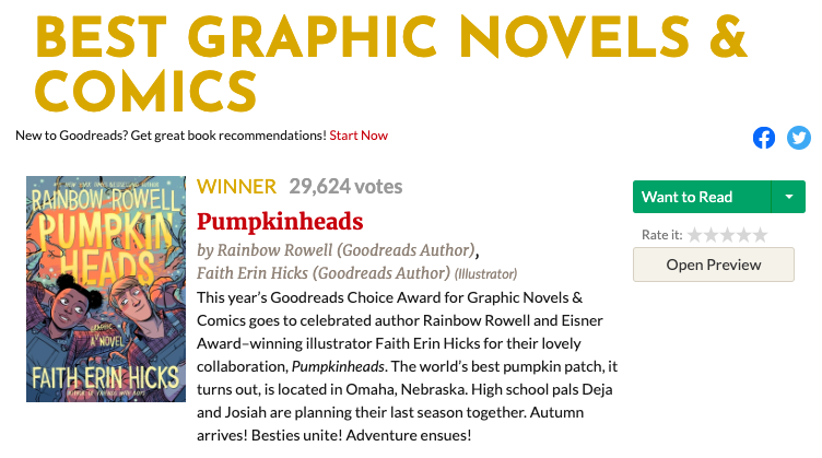 Pumpkinheads wins 2019 Goodreads Choice Award