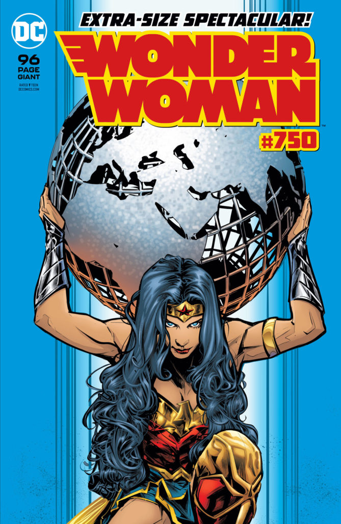 Wonder Woman #750 cover with Diana holding the globe on her shoulders