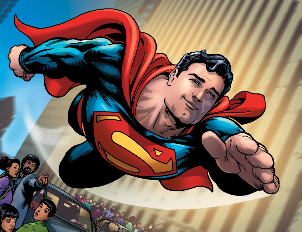 Superman smiling as he flies through Metropolis