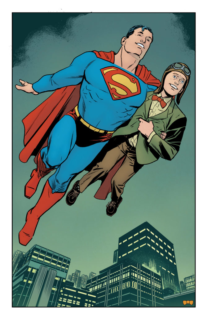 Superman flying with Jimmy Olsen by Steve Lieber in Superman: Heroes