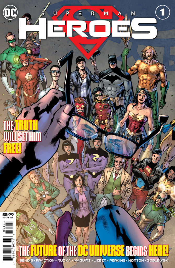 Superman: Heroes #1 cover with Superman holding his glasses above many superheroes