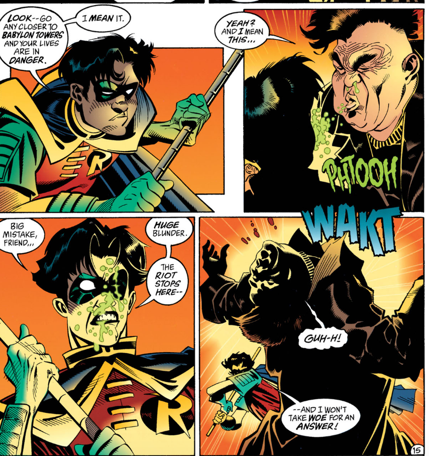 A diseased thug spitting on Robin - Batman #529 - Contagion part 6