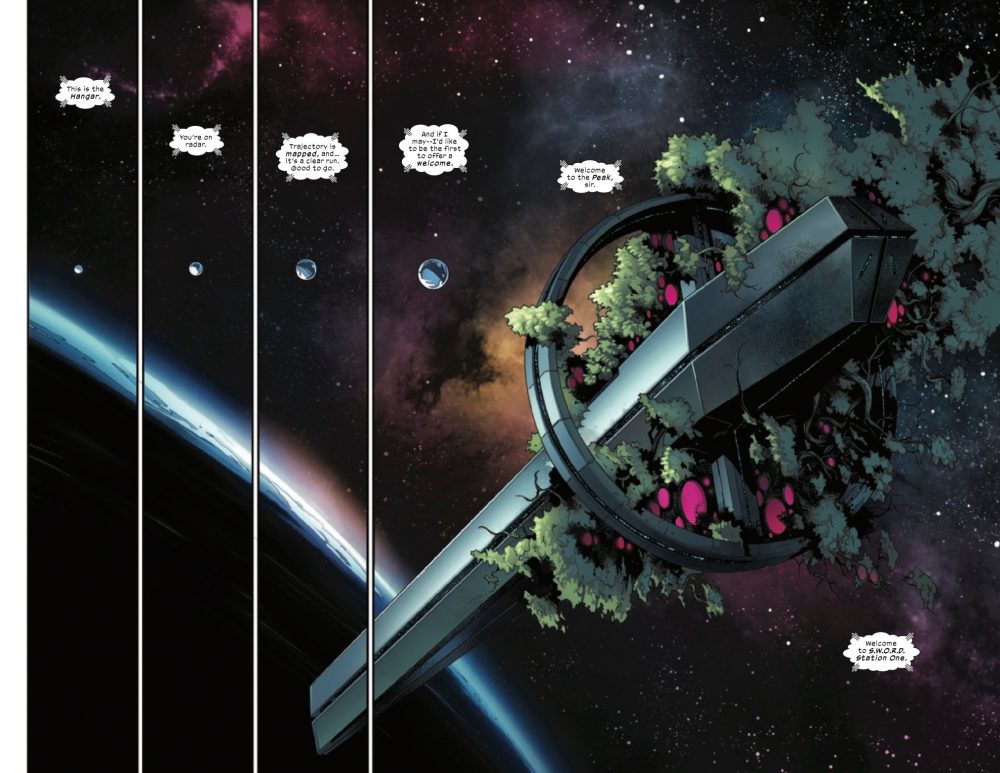 Double-page spread of the Peak space station from S.W.O.R.D. #1