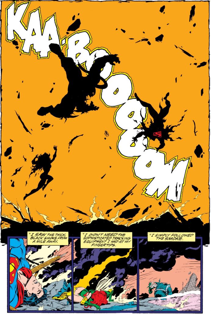 Adventures of Superman #497 page by Tom Grummett showing an explosion throwing Maxima, Superman and Doomsday and leaving the former two unconscious