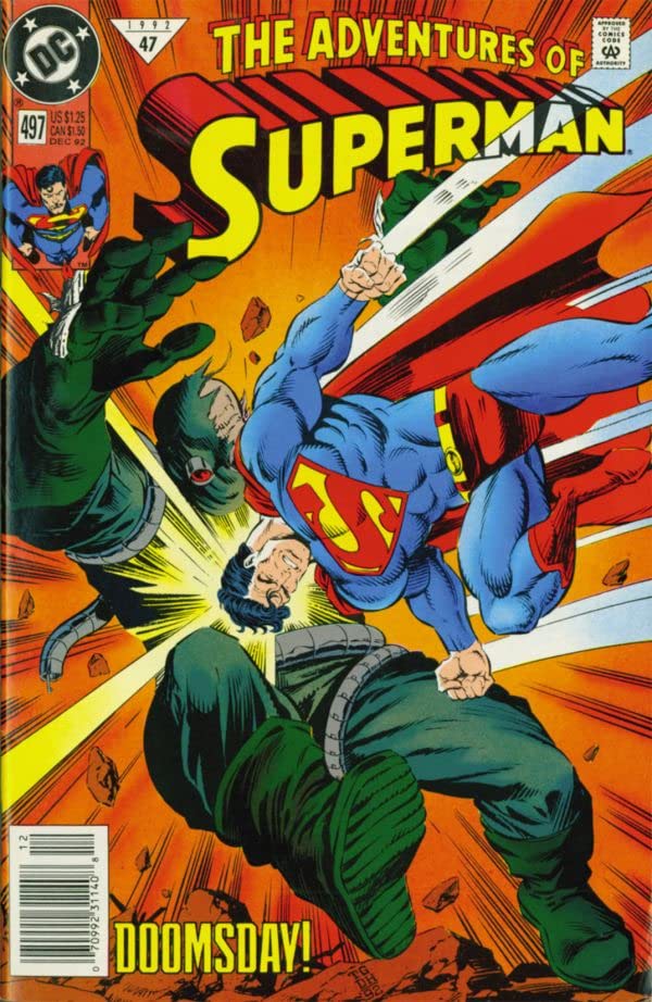 Adventures of Superman #497 cover featuring Superman ramming Doomsday by Tom Grummett