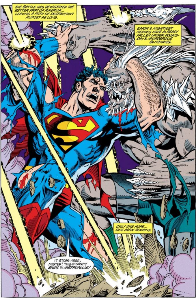 Superman and Doomsday fight on the first page of Superman #75