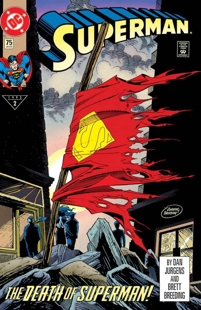 Superman's tattered cape waves as his friends mourn on the cover of Superman #75 by Dan Jurgens and Brett Breeding
